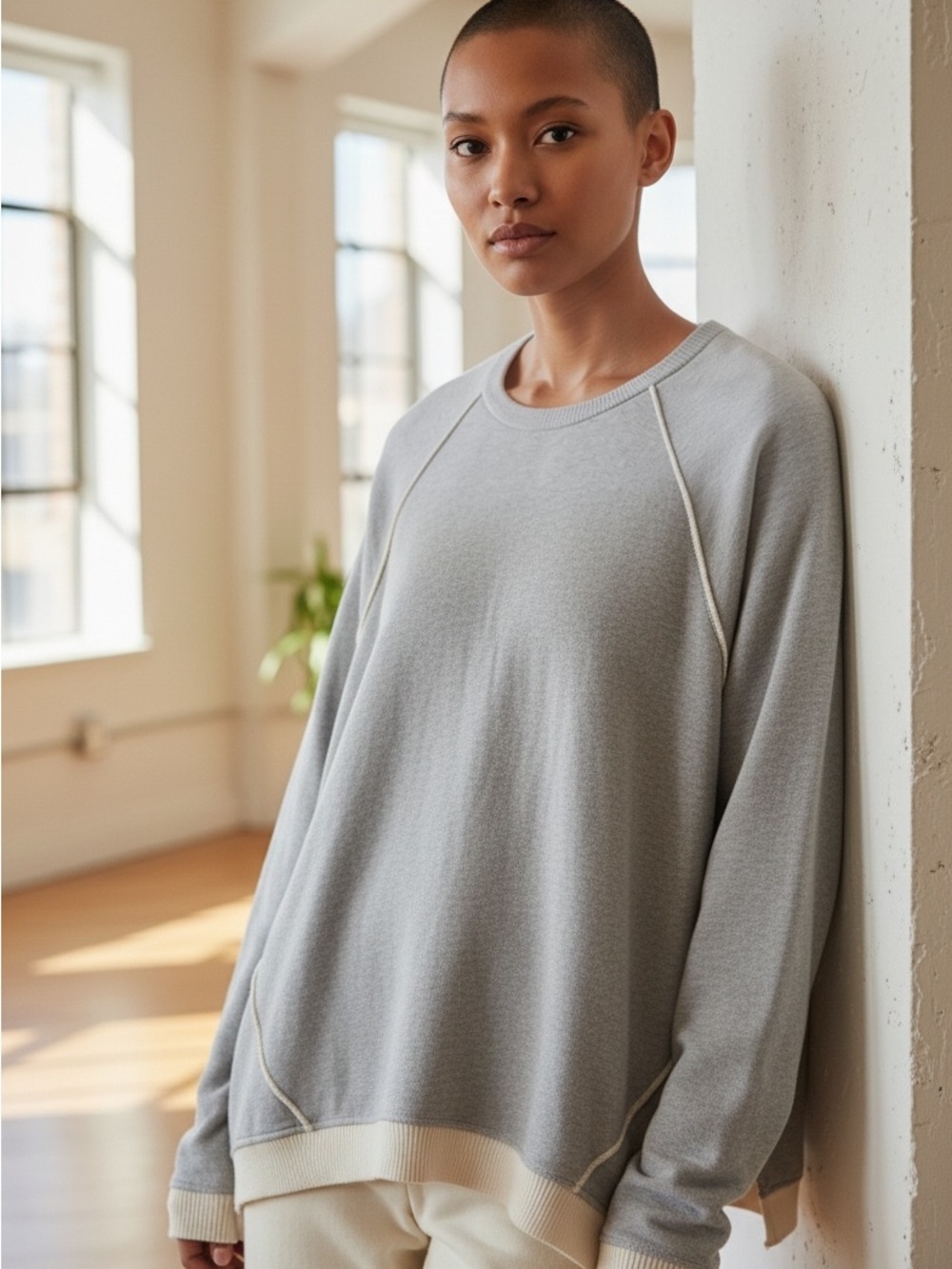 aerie Light Grey Crewneck Sweater with Cream Trim